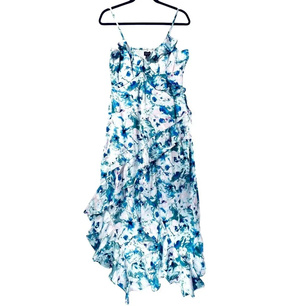 Japna Floral Ruffle Midi Dress HiLo Tiered Adjustable Straps Blue Green Pink XL - Picture 1 of 16